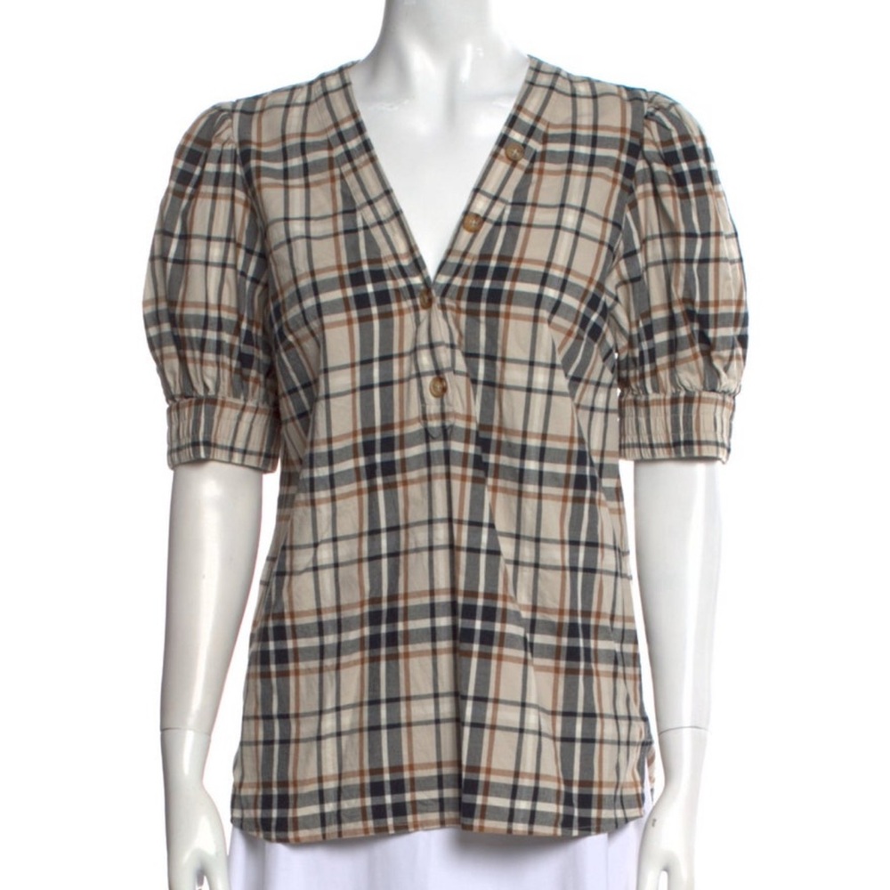 10 Crosby Derek Lam Plaid Puff Sleeve‎ Button V-Neck Blouse Cottagecore Top